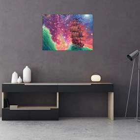 Tablou pe sticlă - Cerul spațial cu navă (70x50 cm)