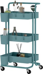 HOMCOM Cărucior cu 3 nivele etajeră cu 4 cârlige și 3 cutii suspendate amovibile pentru 42 x 38 x 86,5 cm albastru-verzui | Aosom Romania