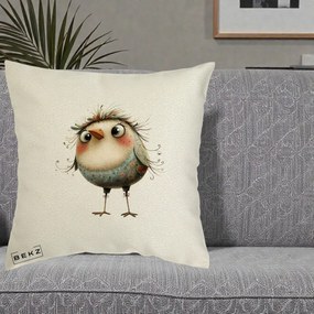 Perna Decorativa Pasare cu Penaj Zbarlit si Gene, 40x40 cm, Ecru, Husa Detasabila, Perna Inclusa, BEKZ®