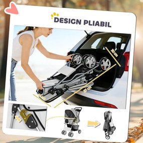 PawHut Cărucior pentru Câini Pliabil cu Husă de Ploaie, Roți Rotative și Pernuță Lavabilă, 77x44x102cm, Gri | Aosom Romania