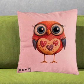 Perna Decorativa Bufnita Rosie cu Inimi Aurii, 40x40 cm, Roz, Husa Detasabila, Perna Inclusa, BEKZ®