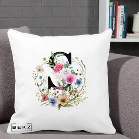 Cadou Personalizat - Perna Personalizata Monogram Litera S cu Flori Acuarela, 40x40 cm, Alba Mata, Husa Detasabila, Perna Inclusa, BEKZ®