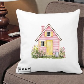 Perna Decorativa Casuta Roz Acuarela cu Gradina, 40x40 cm, Alba Mata, Husa Detasabila, Perna Inclusa, BEKZ®