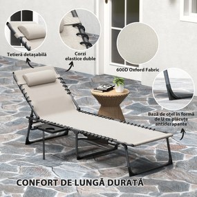 Outsunny Șezlong de Grădină Pliabil și Reglabil în 5 Poziții cu Măsuță Laterală, 60x190x31 cm, Alb Crem | Aosom Romania
