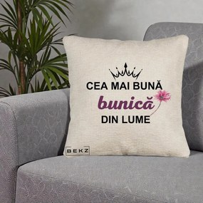 Cadou pentru Bunica - Perna Personalizata Cea Mai Buna Bunica Din Lume Coroana Mov Floare Roz, 40x40 cm, Bej Canapea, Husa Detasabila, Perna Inclusa, BEKZ®