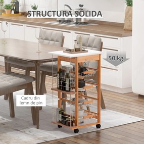 HOMCOM Cărucior de Bucătărie din Lemn Maro, Suport Alimente, 1 Sertar, 4 Coșuri Metalice, MDF, Lemn de Pin, Metal, 47x37x83cm | Aosom Romania