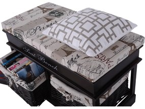 Bancă cu pernă, 2 coşuri de răchită, maro închis/bej/imprimeu, SEAT BENCH 3