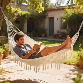 Outsunny Hamac Exterior Boem, Hamac de grădină Suspendat cu Franjuri și Sac de Transport extra-larg 288 x 150 cm, Bej | Aosom Romania