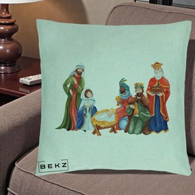 Perna Decorativa Nasterea Domnului Cei Trei Magi Acuarela, 40x40 cm, Verde Menta, Husa Detasabila, Perna Inclusa, BEKZ®