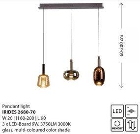 Lustra cu 3 pendule LED, inaltime reglabila, sticla, multicolor, IRIDES