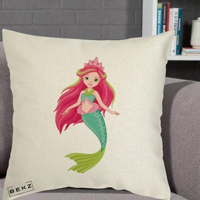Perna Decorativa Sirena Roz cu Coroana, 40x40 cm, Ecru, Husa Detasabila, Perna Inclusa, BEKZ®
