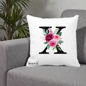 Cadou Personalizat - Perna Personalizata Monograma Florala Litera X cu Buchet, 40x40 cm, Alba Mata, Husa Detasabila, Perna Inclusa, BEKZ®