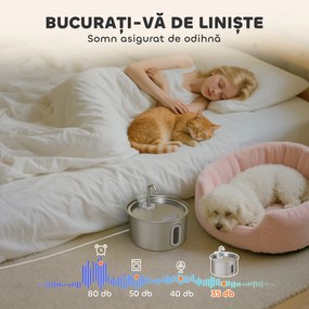 PawHut Fântână din Inox 2,5L pentru Pisici cu LED și 2 Moduri de Flux, Argintiu | Aosom Romania