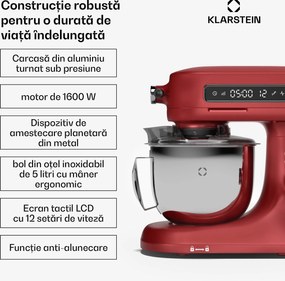 Klarstein Robot de bucătărie Chiara, 1600 W, 12 setări, Bol din oțel inoxidabil, Afișaj LCD, Accesorii incluse