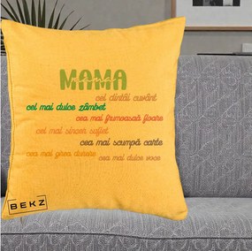 Cadou pentru Mama - Perna Personalizata Mama Cel Dintai Cuvant cu Text Colorat Multicolor, 40x40 cm, Galben, Husa Detasabila, Perna Inclusa, BEKZ®