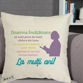 Cadou pentru Invatatoare - Perna Personalizata Doamna Invatatore La Multi Ani cu Silueta si Text Colorat, 40x40 cm, Ecru, Husa Detasabila, Perna Inclusa, BEKZ®