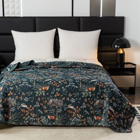 Cuvertura de pat cu model VULPE SI IEPURE verde inchis Dimensiune: 220 x 240 cm