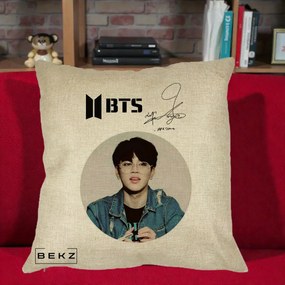 Perna Personalizata K-pop BTS Jimin Portret Cerc Autograf Geaca, 40x40 cm, Crem, Husa Detasabila, Perna Inclusa, BEKZ®