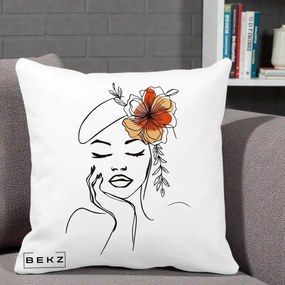 Perna Decorativa Portret Feminin Flori Palarie, 40x40 cm, Alba Mata, Husa Detasabila, Perna Inclusa, BEKZ®