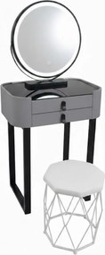 Set Bianca, Masă de toaletă pentru machiaj cu oglindă iluminată LED, control touch, taburet tapitat, 60x38x76 cm, Gri/Negru