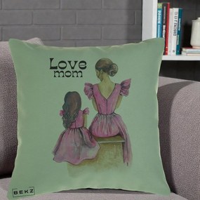 Cadou pentru Mama - Perna Personalizata Love Mom Rochii Roz, 40x40 cm, Verde, Husa Detasabila, Perna Inclusa, BEKZ®