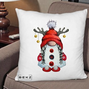 Perna Decorativa Pitic Gnom Craciun cu Coarne de Ren, 40x40 cm, Alb Pufos, Husa Detasabila, Perna Inclusa, BEKZ®