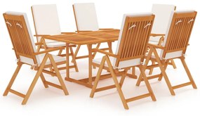 Set mobilier de gradina cu perne, 7 piese, lemn masiv de tec Crem, Dreptunghiular, 7