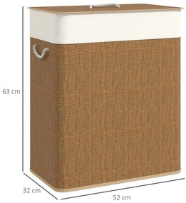 HOMCOM Coș de rufe dublu cu capac, coș de rufe din bambus 100 L cu mânere din frânghie | Aosom Romania