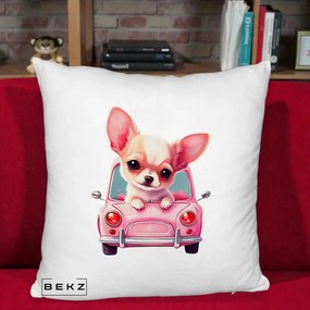 Perna Decorativa Chihuahua Roz in Masinuta, 40x40 cm, Alb Pufos, Husa Detasabila, Perna Inclusa, BEKZ®