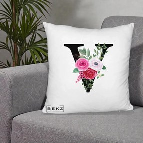 Cadou Personalizat - Perna Personalizata Monograma Florala Litera V cu Buchet, 40x40 cm, Alb Pufos, Husa Detasabila, Perna Inclusa, BEKZ®