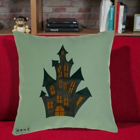 Perna Decorativa Halloween Casa Bantuita Minimalista, 40x40 cm, Verde, Husa Detasabila, Perna Inclusa, BEKZ®