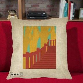 Perna Decorativa Scari Toamna Peisaj Grafic, 40x40 cm, Crem, Husa Detasabila, Perna Inclusa, BEKZ®