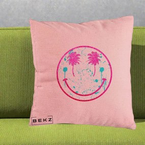 Perna Decorativa Smiley Face Tropical Glitter Roz, 40x40 cm, Roz, Husa Detasabila, Perna Inclusa, BEKZ®