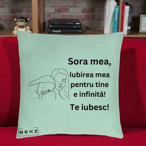 Cadou pentru Sora - Perna Personalizata Sora Mea Te Iubesc Line Art Portrete Fata in Fata, 40x40 cm, Verde Menta, Husa Detasabila, Perna Inclusa, BEKZ®