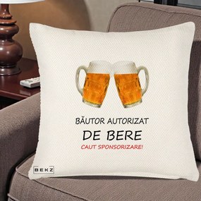 Perna Decorativa Bautor Autorizat de Bere, 40x40 cm, Crem Reliefat, Husa Detasabila, Perna Inclusa, BEKZ®