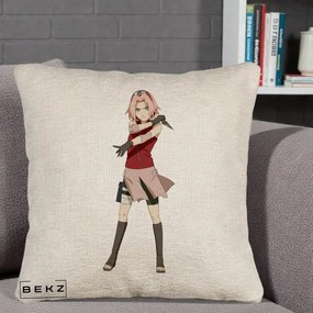 Perna Personalizata Naruto Sakura Haruno Portret, 40x40 cm, Bej Canapea, Husa Detasabila, Perna Inclusa, BEKZ®