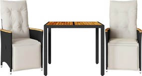vidaXL Set bistro de grădină cu perne, 3 piese, negru, poliratan