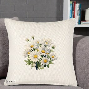 Perna Decorativa Buchet Margarete Albe Acuarela, 40x40 cm, Crem Reliefat, Husa Detasabila, Perna Inclusa, BEKZ®