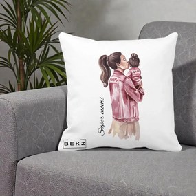 Cadou pentru Mama - Perna Personalizata Super Mom Jachete Roz, 40x40 cm, Alba Mata, Husa Detasabila, Perna Inclusa, BEKZ®