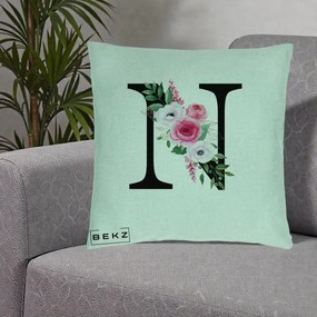 Cadou Personalizat - Perna Personalizata Monograma Florala Litera N, 40x40 cm, Verde Menta, Husa Detasabila, Perna Inclusa, BEKZ®