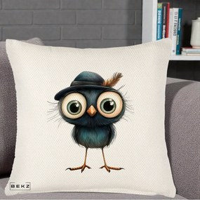 Perna Decorativa Pui Misterios cu Palarie Neagra, 40x40 cm, Crem Reliefat, Husa Detasabila, Perna Inclusa, BEKZ®