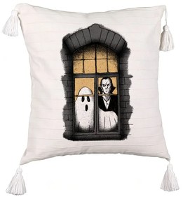 Perna Decorativa cu Franjuri de Halloween Fantoma si Vampir, 45x45 cm, Ecru, Cu fermoar