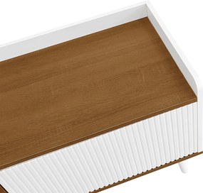 Comodă TV cu 3 uși, picioare din lemn și margine înaltă, 160x39x49,5 cm, Culoare naturală+Alb