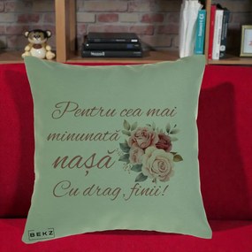 Cadou pentru Nasa - Perna Personalizata Pentru Cea mai Minunata Nasa Cu drag Finii, 40x40 cm, Verde, Husa Detasabila, Perna Inclusa, BEKZ®