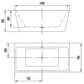 Cada baie freestanding la perete cu preaplin dreptunghiulara 150 x 80 cm Alvaro Florida 1500x780 mm