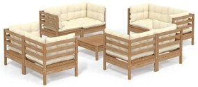 Set mobilier gradina cu perne crem, 9 piese, lemn de pin maro miere, 1