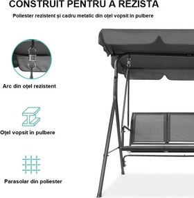 RESIGILAT- Balansoar de grădină, 3 locuri, cu baldachin și cadru din oțel, Gri