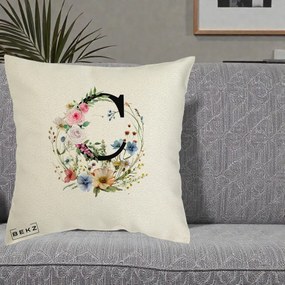 Cadou Personalizat - Perna Personalizata Monogram Litera C cu Flori Acuarela, 40x40 cm, Ecru, Husa Detasabila, Perna Inclusa, BEKZ®