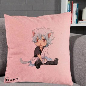 Perna Personalizata Gintama Gintoki Chibi Pisica, 40x40 cm, Roz, Husa Detasabila, Perna Inclusa, BEKZ®
