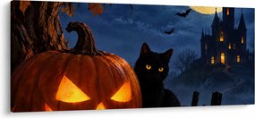 Tablou - Pisică neagră lângă un dovleac luminat de Halloween (120x50 cm)